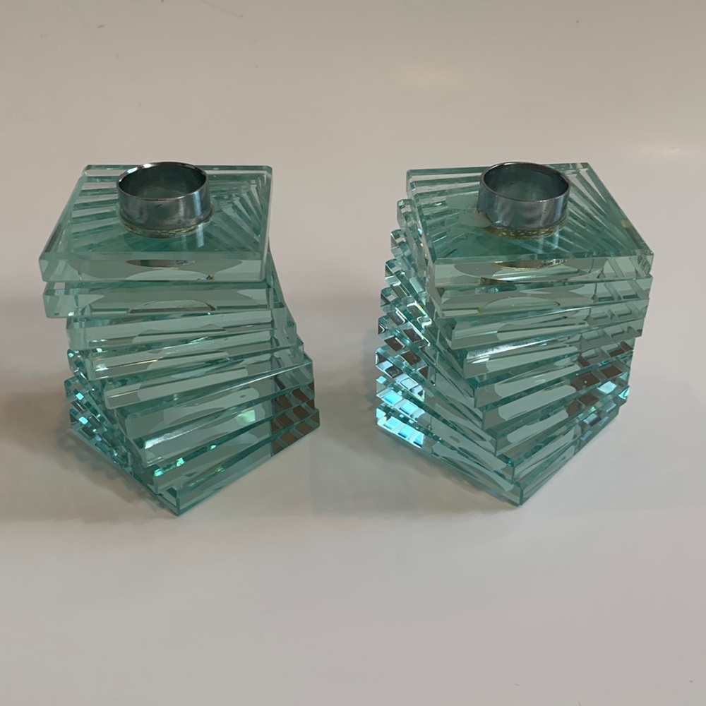 Vintage Aqua Layered Glass Plate Candle Holder